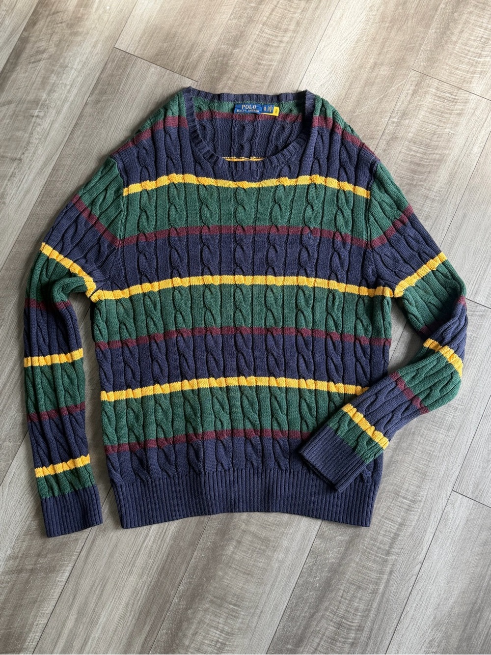 Polo Ralph Lauren Mens XL Cable-Knit Striped Crewneck Cotton Pullover Sweater